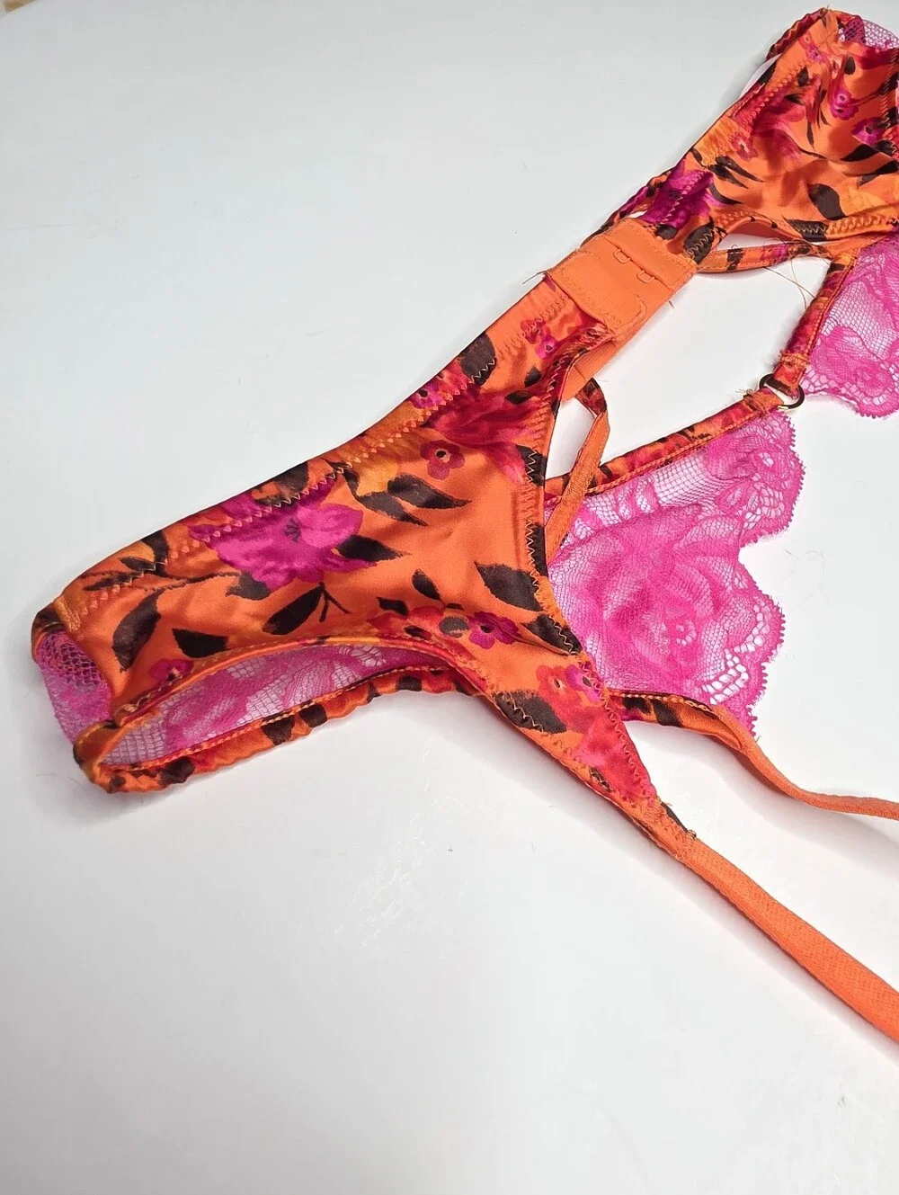 NEW Victoria's Secret Garter Pink Orange Satin Lace Floral XS